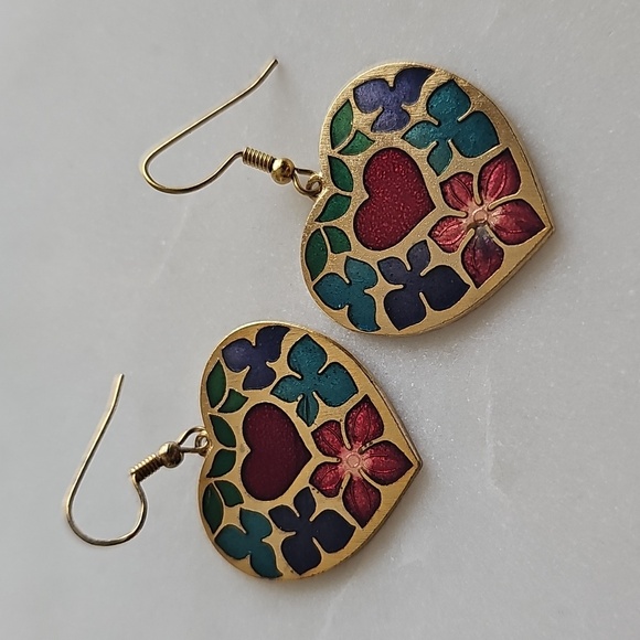 Vintage Jewelry - Heart-Shaped Cloisonné Multicolor Earrings